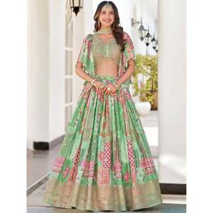 Vestido de Cóctel - Lehenga Choli Verde Pista con Bordado Chinon Dori - Product Image 3