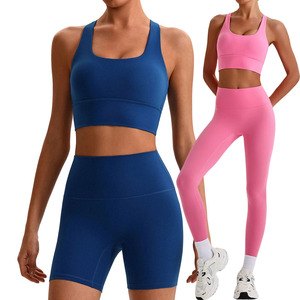 Conjunto de yoga de 2 piezas para mujer: Sujetador deportivo con cuello cuadrado y espalda cruzada, leggings de longitud media, a cuadros, transpirables, azul claro, ropa deportiva. - Product Image 1