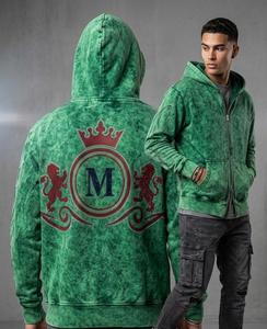 Men's Green Hooded Sweatshirt Embroidered Rhinestone M Logo Back Casual Regular Fit Autumn Cotton French Terry <b>Zip</b> <b>Up</b> <b>Jacket</b> - Product Image 4