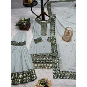 Salwar Kameez de Rayón de Diseño JD - Hermoso Conjunto Gris para Fiesta con Top, Pantalón y Dupatta, Talla L - Product Image 4