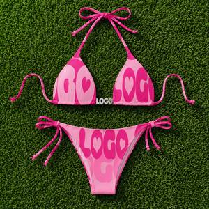 Conjunto de bikini triangular con estampado de logotipo colorido para mujer, traje de baño de 2 piezas con cuello halter, braguita con lazo lateral y detalle de cordón - Product Image 4