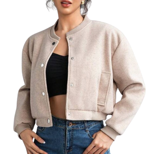 Stylish Beige Varsity <b>Jacket</b> Soft Bomber Coat Casual Baseball <b>Jacket</b> for <b>Lady</b> Fashion Plain Design Button Up Sportswear Women - Product Image 1