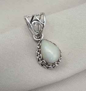 Natural White Opal Pear Pendant 925 Sterling Silver Handmade Cabochon Gemstone <b>Jewelry</b> October Birthstone - Product Image 1