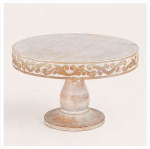 Handcrafted Mango Wood <b>Cake</b> <b>Stand</b> With Intricate Scroll Carvings Elegant <b>White</b>-Wash Finish Pedestal For Wedding <b>Cakes</b> Dessert - Product Image 1