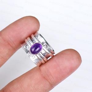 Vintage Boho Sterling <b>Silver</b> Amethyst Spinner <b>Ring</b> for Women – Handmade <b>Adjustable</b> Meditation Band Ethnic Engraved Jewelry - Product Image 4