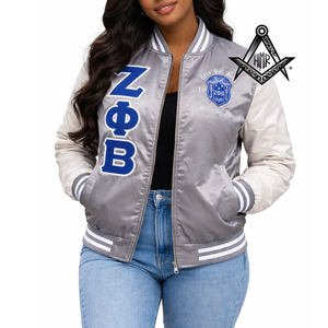 Chaqueta Bomber Universitaria Azul Marino de Satén con Letras Griegas Bordadas Personalizadas de la Hermandad Zeta Phi Beta, Ecológica y Transpirable - Product Image 4
