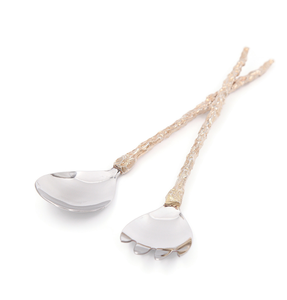 Ensemble de service à salade en acier inoxydable et laiton, comprenant une cuillère et une fourchette, avec manche en forme de tige d'arbre, 2 pièces - Product Image 1