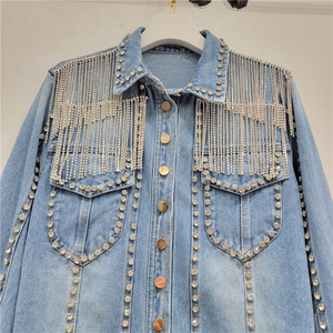 2026 New Arrivals Winter Rivet Beaded Tassels Windproof Fashion Personality Korean Long Stylish Bomber <b>Denim</b> <b>Jacket</b> - Product Image 2