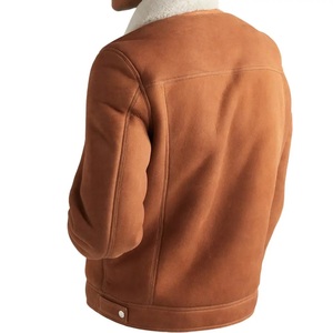 Men's Brown <b>Suede</b> Leather <b>Jacket</b> With Faux Fur Collar Button Front Two Pockets Workwear Style Winter Outwear - Product Image 2