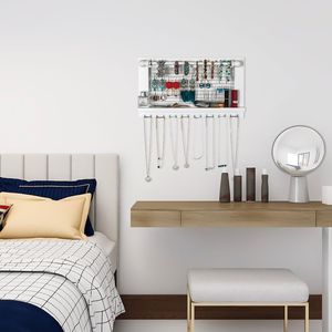 White Wooden <b>Earring</b> <b>Holder</b> Shelf Wall Mounted Jewelry Organizer Featuring Hanging Hooks for Necklace Removable Rod for Bracelet - Product Image 2