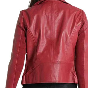 Veste moto en cuir PU rouge pour femme, manches longues, fermeture éclair, col montant, couleur unie, style automne - Product Image 3