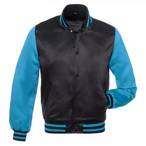 Chaqueta Universitaria Personalizada en Azul Agua y Negro Satinado para Hombre, Chaqueta Bomber con Mangas en Contraste, Uniforme de Béisbol al por Mayor - Product Image 1