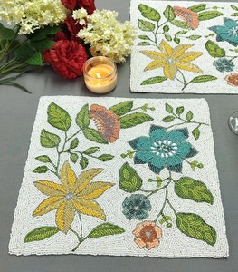 Handmade Beaded Floral Table Mat <b>Rectangle</b> Bohemian Style Fabric Decorative <b>Placemat</b> with Yellow Green Blue Flowers - Product Image 5