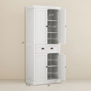 Armadio Dispensa da Cucina Bianco Effetto Invecchiato da 72 Pollici con 4 Ante, 2 Ripiani Regolabili e Cassetto - Mobili per la Casa in Metallo - Product Image 3