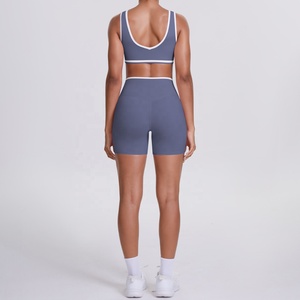 Scoop Neck Racerback <b>Crop</b> <b>Top</b> High Waist Shorts 2 Piece Set Seamless Breathable Yoga Wear Solid Color Contrast Binding - Product Image 3