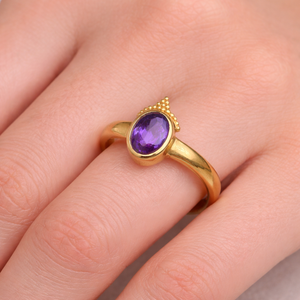 Brass Amethyst 5x7mm Oval Faceted Bezel Set Fixed Size Minimal Halo Glam <b>Statement</b> <b>Ring</b> Handmade Jewelry - Product Image 4