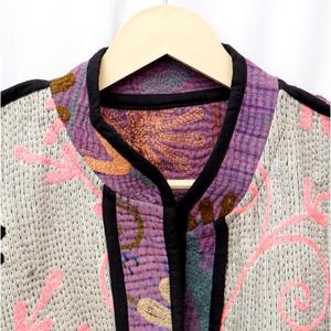 Premium Handmade Cotton Kantha <b>Coat</b> Jacket Vintage Style Short Patchwork Stripe Print Design Mandarin Collar Eco-Friendly - Product Image 6