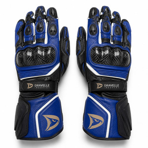 DRAVELLE INDUSTRY Racing Gloves Full Finger Leather Blue Black Adjustable Wrist <b>Strap</b> Hook And Loop Closure Outdoor Riding - Product Image 1