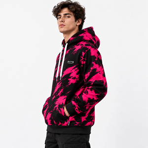 Sweat-shirt à capuche pour homme RITS, noir et rose, imprimé abstrait, coupe classique, décontracté, avec poche avant et cordons de serrage blancs - Product Image 6