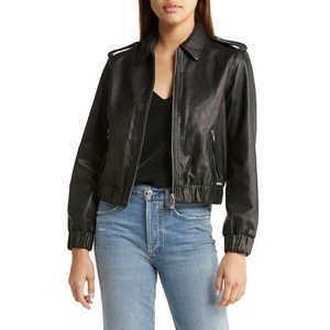 Blouson bomber en cuir PU noir, coupe ajustée, col rabattu, fermeture éclair, couleur unie, style automne, unisexe - Product Image 4