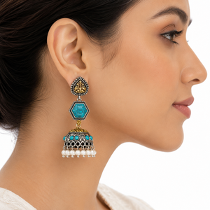 Pendientes Colgantes de Plata Oxidada Hechos a Mano con Bisel de Flor Bohemia, Turquesa, Perlas y Latón para Mujer - Venta al por Mayor - Product Image 2