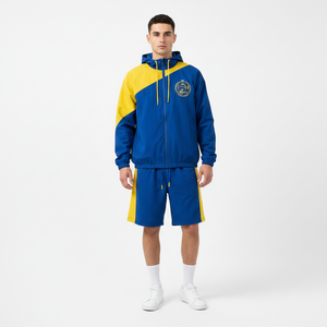 <b>Men</b> Color Blocking Tracksuit Set Hooded Windbreaker <b>Jacket</b> Shorts Breathable Polyester Sporty Casual Wear Front Embroidery - Product Image 1