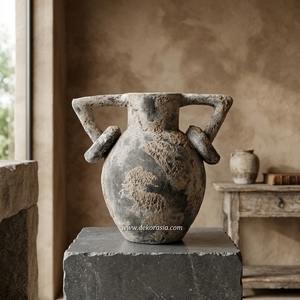 Apuntar Rustic Distressed Charcoal Grey <b>Ceramic</b> Amphora <b>Vase</b> Handcrafted Earthenware Ring Handle Jar Decorative Tabletop <b>Vase</b> - Product Image 6