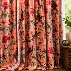 Vintage Cotton Velvet Peach Pink Color Bird Print Luxury <b>Curtain</b> Boho <b>Curtain</b> Luxury Drapes Housewarming Gift in Wholesale - Product Image 1