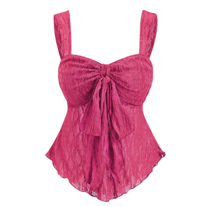 Women's <b>Pink</b> Lace <b>Cami</b> <b>Top</b> Bow Front Wide Straps Sleeveless Spandex/Nylon Casual Summer Party Wear Fitted - Product Image 1