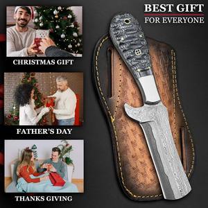 Cuchillo de Caza de Hoja Fija Hecho a Mano en Damasco, Diseño Bull Cutter de Acero Inoxidable con Funda de Cuero Marrón para Camping y Supervivencia - Product Image 2