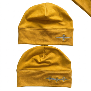 DROGEN EXPORTS Jacquard <b>Letter</b> Pattern Mustard Yellow Beanie <b>Acrylic</b> Jersey Knit Winter Vintage Unisex Casual Slouchy Headwear - Product Image 1