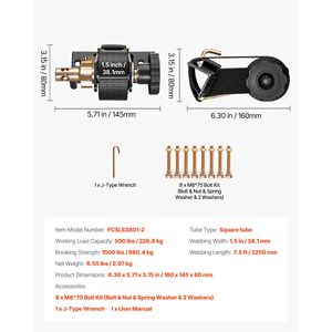 Cinghie a cricchetto nere per portascatole da montare su tubo quadro, larghe 1,5 pollici x lunghe 7,4 piedi, con doppi ganci a J da 50 pollici - Product Image 4