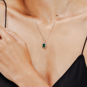 18K Gold <b>Emerald</b> Cut Sapphire & Diamond <b>Pendant</b> with Box Chain - Product Image 4