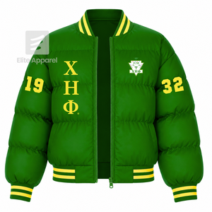 Veste matelassée personnalisée Chi Eta Phi avec logo brodé sur le devant, couleur vert et jaune, manches longues, pour femme. - Product Image 1