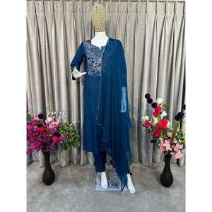 ATRACTIVO DISEÑO DE BORDADO DE RAYÓN TRABAJO PANTALÓN KURTI CON DUPATTA COLOR TEAL - Product Image 1