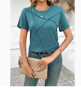T-shirt court noir pour femme, manches courtes, col rond, coupe ajustée, couleur unie, en coton tricoté, décontracté, respirant, printemps-été - Product Image 5