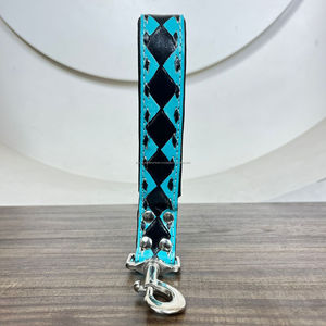 Laisse de collier de chien à carreaux noir et turquoise de luxe de qualité supérieure usinée à la main de concepteur personnalisé populaire ensembles assortis de 3 pièces - Product Image 5
