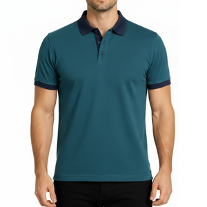 Polo classique pour homme en bleu marine, col contrastant, coupe ajustée, manches courtes, décontracté, pour le golf - Product Image 1