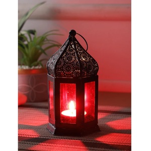 Traditional Style Moroccan Hexagon Metal Lantern <b>Red</b> Glass Panel <b>Candle</b> Holder Home Decoration Durable Design - Product Image 1