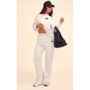 Wholesale Women Heather Grey Oversized Sweatshirt Wide Leg Pants <b>Set</b> Casual 100% Cotton Fleece Tracksuit Supplier - Product Image 1