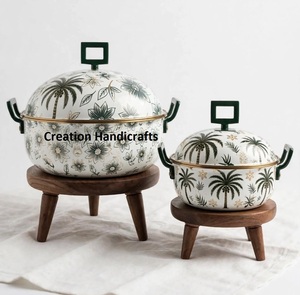 Luxury Tropical Palm Tree Hot <b>Pot</b> With Wooden Stand Enamel Casserole Green Handle Ramadan Gift - Product Image 2