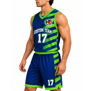 Conjunto de Uniforme de Baloncesto Personalizado, Ropa Deportiva Moderna para Equipos, Cuello en V, Sin Mangas, Absorbe la Humedad, Azul y Verde a Rayas - Product Image 3