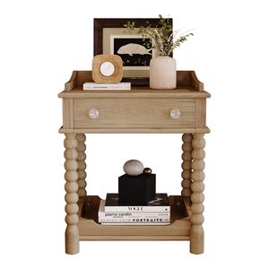Comodino in Stile Retrò per Camera da Letto con Ripiano Aperto Naturale, Cassetto e Gambe Lavorate, Comodini con Maniglia in Metallo - Product Image 5