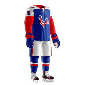 Ensemble d'uniformes de hockey sur glace respirants personnalisés, bleu, rouge, blanc, logo coq, impression par sublimation, jersey en polyester, pantalon, gants, adulte homme - Product Image 5