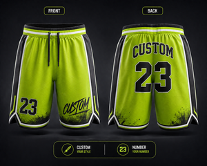Shorts de basketball personnalisés pour hommes, vert et noir, impression par sublimation, séchage rapide, taille à cordon, longueur mi-cuisse, style Bermuda - Product Image 1