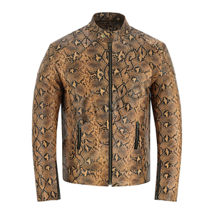 Men's Embossed Snake Print PU Leather Moto Jacket Stand Collar Zipper Closure Slim Fit Regular Length Autumn Style - Product Image 1