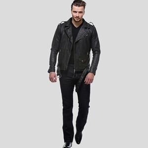 Chaqueta de Motociclista de Cuero Genuino Negro para Hombre, Chaqueta de Moto con Cierre Asimétrico, Corte Ajustado, Abrigo de Piel de Vacuno Genuina con Cinturón en la Cintura - Product Image 2