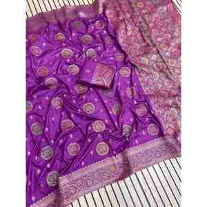 TRABAJO TEJIDO DE SEDA DOLA TRADICIONAL SAREE CON BLUSA SIN COSTAR LAVANDA - Product Image 1