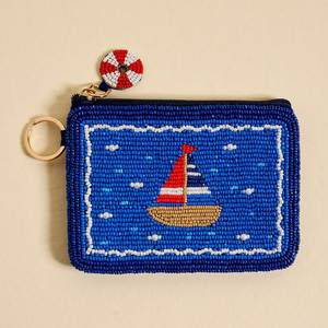 Porte-monnaie en forme de voilier perlé, design nautique bleu, fermeture éclair, accessoire de plage pour femme - Product Image 1