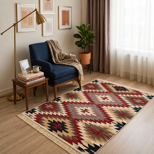 Alfombra Geométrica Kilim Rectangular de Tejido Plano, Lana Acrílica Reversible, Alfombra para Sala de Estar con Flecos - Product Image 2